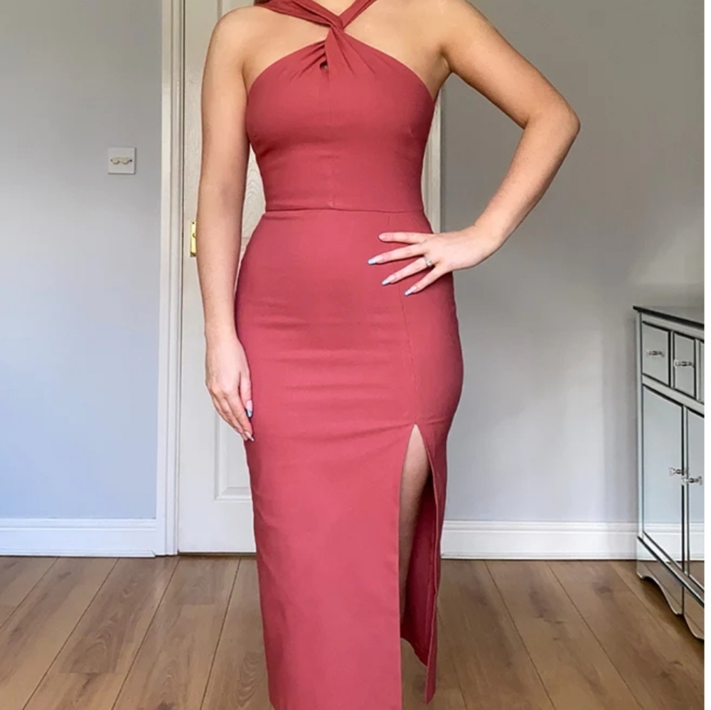 Vesper 247 Rose Cross Neck Split Dress